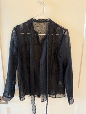 Black Sheer Lace Tie-Neck Blouse